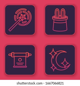 Set line Magic wand, Magic scroll, Magician hat and rabbit ears and Moon and stars. Blue square button. Vector