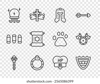 Set line Magic wand, Shield, Medieval helmet, stone ring, ball, Decree, parchment, scroll, Video game bar and shield with axe icon. Vector
