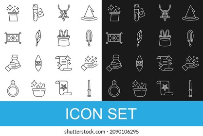 Set line Magic wand, Sparkle stars with magic trick, sword in fire, Pentagram on necklace, feather, carpet, hat and Magician rabbit ears icon. Vector