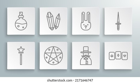 Set line Magic wand, stone, Pentagram in circle, Magician, Playing cards, Rabbit with ears, Dagger and Bottle love potion icon. Vector