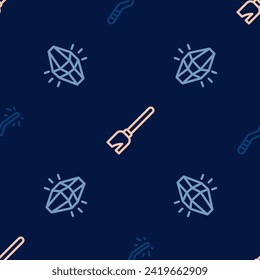 Set line Magic wand, stone and Witches broom on seamless pattern. Vector