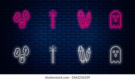 Fija la línea Varita mágica, piedra, runas y Fantasma. Icono de neón brillante en la pared de ladrillo. Vector