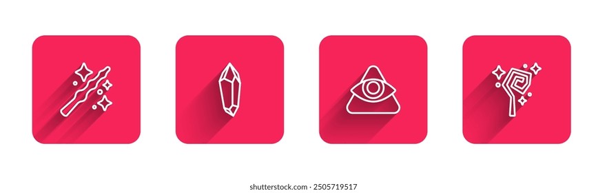 Varita mágica, piedra, ojo de Dios que todo lo ve y bastón con sombra larga. Botón cuadrado rojo. Vector