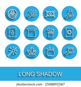 Set line Magic wand, stone, Masons, Witch cauldron, Magician hat in hand, Ancient magic book and  icon. Vector