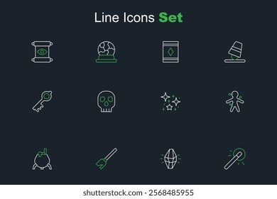 Set line Magic wand, stone, Witches broom, cauldron, Voodoo doll, Magical glitter particles, Skull and Old magic key icon. Vector