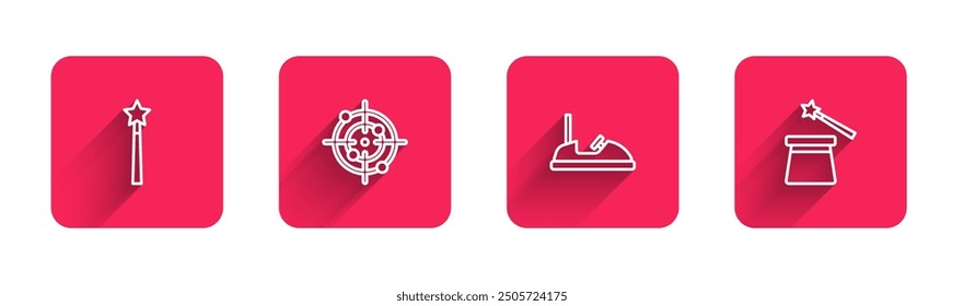 Set line Magic wand, Target sport, Bumper car and hat with long shadow. Red square button. Vector