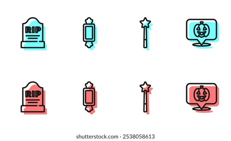Set Linie Zauberstab, Tombstone mit RIP geschrieben, Candy und Kürbis Symbol. Vektorgrafik