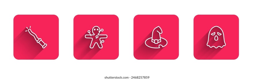 Set line Magic wand, Voodoo doll, Witch hat and Ghost with long shadow. Red square button. Vector