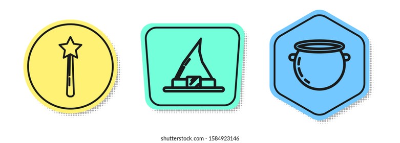 Set line Magic wand , Witch hat  and Halloween witch cauldron . Colored shapes. Vector