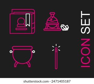 Set line Magic wand, Witch cauldron, magic stone and Ancient book icon. Vector