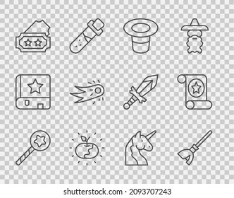 Fijar línea varita mágica, escoba de brujas, sombrero, manzana envenenada, boleto, bola de fuego, unicornio e icono de desplazamiento. Vector