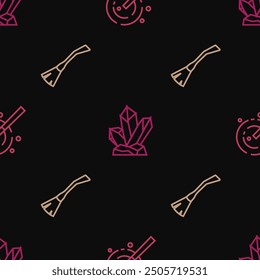 Set line Varita mágica, escoba de brujas y piedra en patrón transparente. Vector