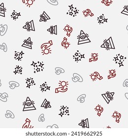 Set line Magical glitter particles, All-seeing eye of God, Witch hat and Ball levitating above hand on seamless pattern. Vector