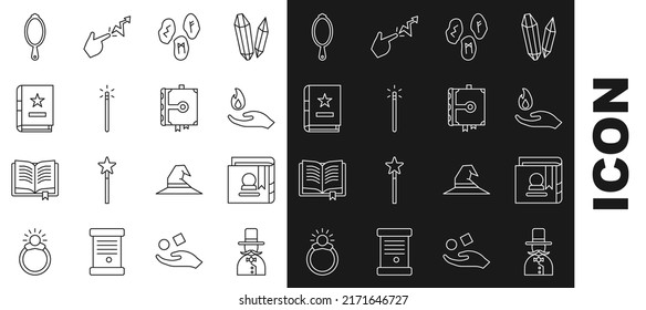 Set Line Magician, Ancient Magic Book, Hand Holding Fire, Runes, Wand, Hand Mirror And  Icon. Vector