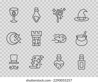Set line Magician, Bottle with potion, staff, scroll, Medieval goblet, Castle tower,  and Witch cauldron icon. Vector