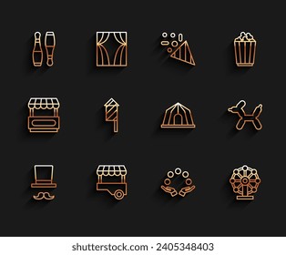 Set line Magician, Fast street food cart, Bowling pin, Juggling ball, Ferris wheel, Firework rocket, Balloon dog and Circus tent icon. Vector