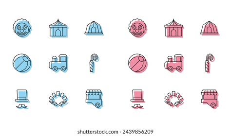 Set line Magician, Hand holding playing cards, Clown head, Fast street food cart, Toy train, Birthday party horn, Beach ball and Circus tent icon. Vector