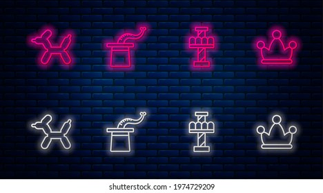 Set line Magician hat, Attraction carousel, Balloon dog and Jester with bells. Glowing neon icon on brick wall. Vector