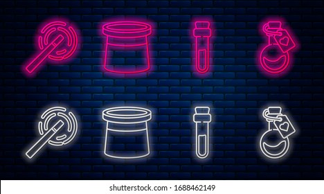Set line Magician hat, Bottle with love potion, Magic wand and Bottle with love potion. Glowing neon icon on brick wall. Vector