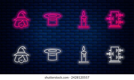 Set line Magician hat, Burning candle in candlestick, Witch and Trunk for magic tricks. Glowing neon icon on brick wall. Vector