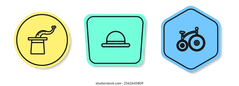 Set line Magician hat, Clown and Vintage bicycle. Colored shapes. Vector