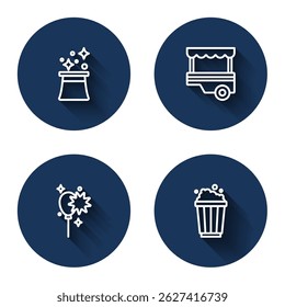 Set line Magician hat, Fast street food cart, Balloons with ribbon and Popcorn in cardboard box with long shadow. Blue circle button. Vector
