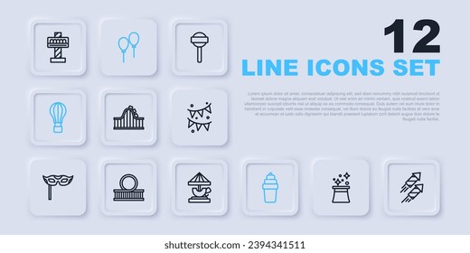 Fijar línea sombrero mago, cohete de fuegos artificiales, montaña rusa, crema de hielo en gofre, globo de aire caliente, globos con cinta y icono de carrusel de atracción. Vector