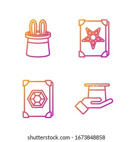 Set line Magician hat in hand, Ancient magic book, Magician hat and rabbit ears and Ancient magic book. Gradient color icons. Vector