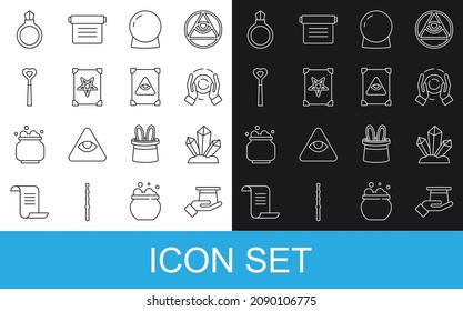 Fijar la línea sombrero mago en mano, piedra, bola, libro de magia antigua, varita, anillo con gema e ícono. Vector