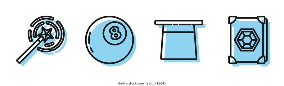 Sombrero de mago, varita mágica, bola mágica de predicciones e icono de libro de magia antigua. Vector