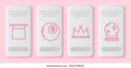 Set line Sombrero de mago, Bola mágica de predicciones, Corona y Bola mágica. Botón rectángulo blanco. Vector