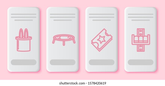 Set line Magician hat and rabbit ears, Jumping trampoline, Ticket and Attraction carousel. White rectangle button. Vector