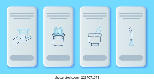 Set line Magician hat and rabbit ears, mortar pestle, in hand and Witches broom icon. Vector