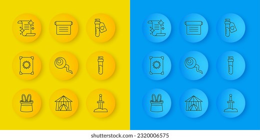 Set line Zauberhut und Kaninchenohren, Zauberbuch, Auge, Schwert in den Stein, Flasche mit Tränke, Liebe und Symbol. Vektorgrafik