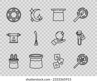 Set line Magician hat and rabbit ears, wand, Star of David, Witches broom, Game dice and Bottle with love potion icon. Vector