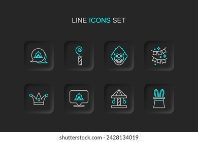 Set line Magician hat and rabbit ears, Attraction carousel, Circus tent, Jester with bells, Carnival garland flags, Clown head, Birthday party horn and  icon. Vector