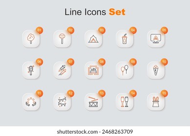 Set line Sombrero de mago y orejas de conejo, boliche, tambor con palos de tambor, banderas de guirnalda de carnaval, bola de malabares, gofre de helado, cinta de globos e icono de victoria del casino. Vector