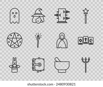 Set line Magician hat and rabbit, Neptune Trident, Trunk for magic tricks, Ancient book, Ghost, staff, mortar pestle and Three tarot cards icon. Vector