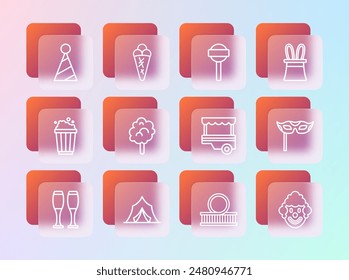 Set line Magician hat and rabbit ears, Circus tent, Fast street food cart, Roller coaster, Cotton candy, Lollipop, Party and Ice cream in waffle icon. Vector