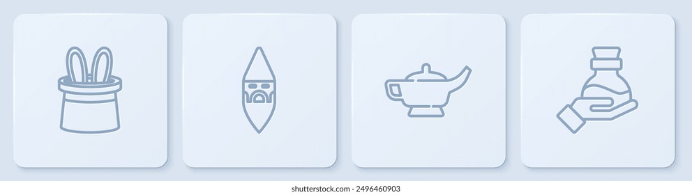 Set line Magician hat and rabbit ears, lamp or Aladdin, Wizard warlock and Bottle with potion. White square button. Vector