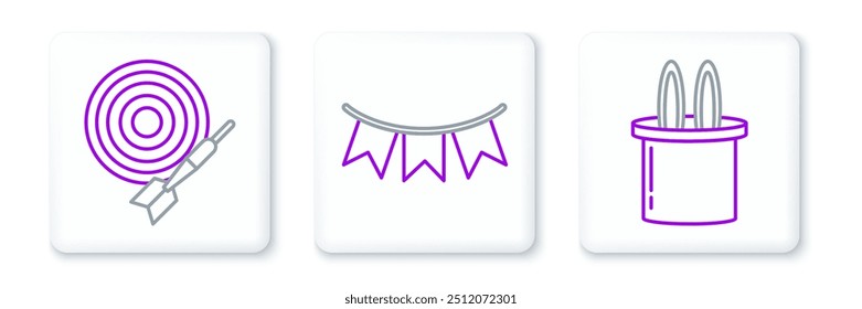 Set line Magician hat and rabbit ears, Classic dart board arrow and Carnival garland with flags icon. Vector