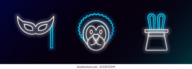 Set line Magician hat and rabbit ears, Festive mask and Wild lion icon. Glowing neon. Vector