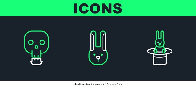 Set line Magician hat and rabbit, Skull and Rabbit with ears icon. Vector