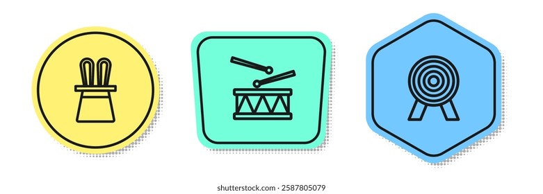 Set line Magician hat and rabbit ears, Drum with drum sticks and Target. Colored shapes. Vector