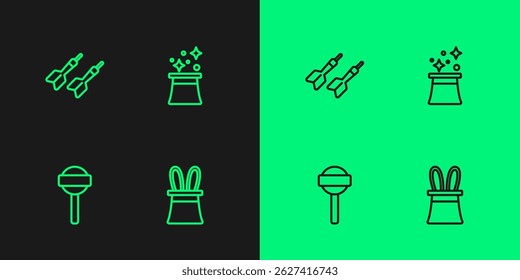 Set line Magician hat and rabbit ears, Lollipop, Dart arrow and  icon. Vector