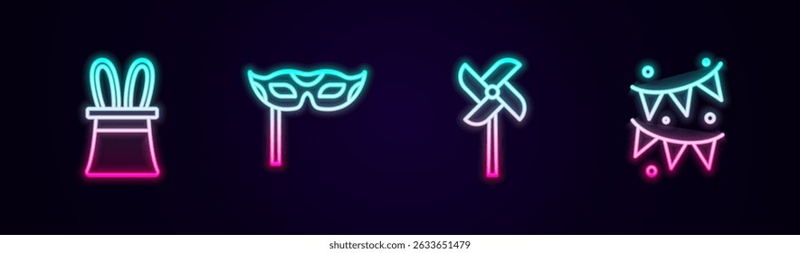 Set line Magician hat and rabbit ears, Festive mask, Pinwheel toy and Carnival garland with flags. Glowing neon icon. Vector