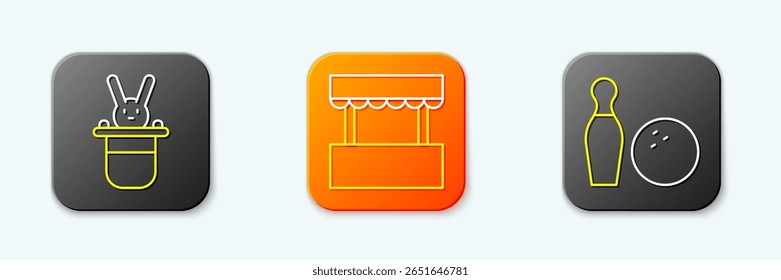 Set line Magician hat and rabbit, Ticket box office and Bowling pin ball icon. Vector