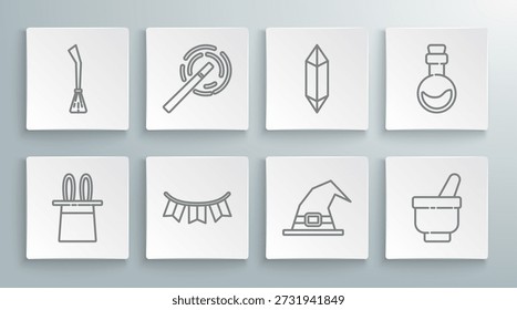 Set Linie Magier Hut und Kaninchen Ohren, Zauberstab, Karneval Girlande mit Fahnen, Hexe, Mörser Pestel, Stein, Flasche Liebesgetränk und Hexen Besen Ikone. Vektorgrafik