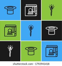 Set line Magician hat, staff and Ancient magic book icon. Vector