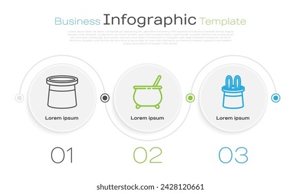 Set line Magician hat, Witch cauldron and Magician hat and rabbit ears. Business infographic template. Vector